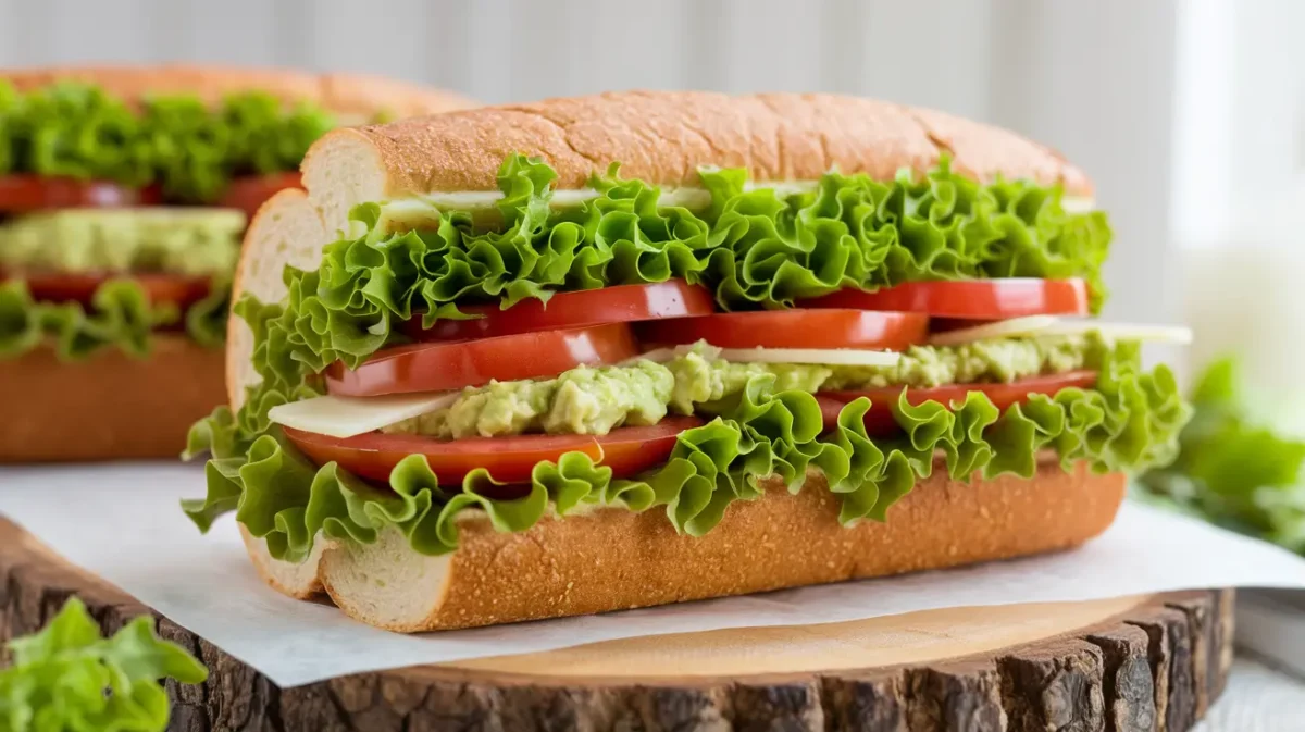 Fresh Jimmy John’s vegetarian sandwich on a wooden board