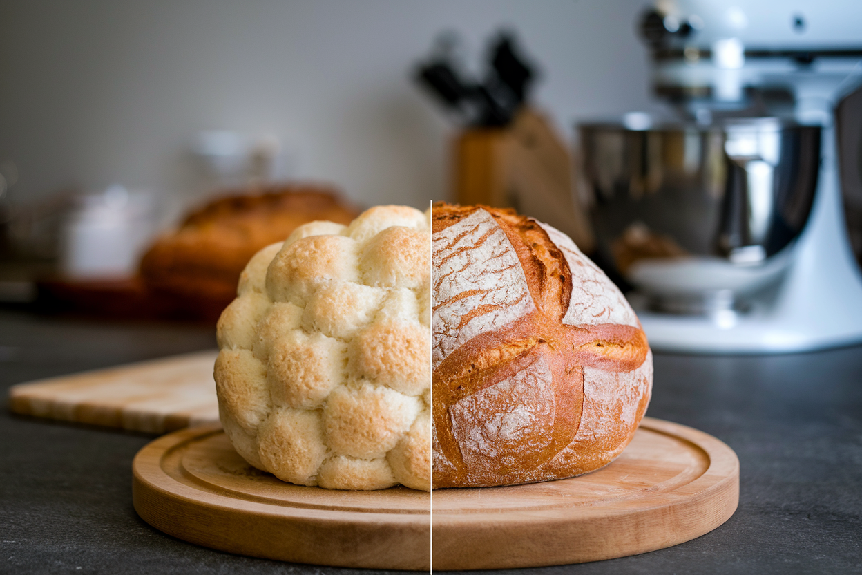 Comparison of cloud bread and traditional bread on a wooden board