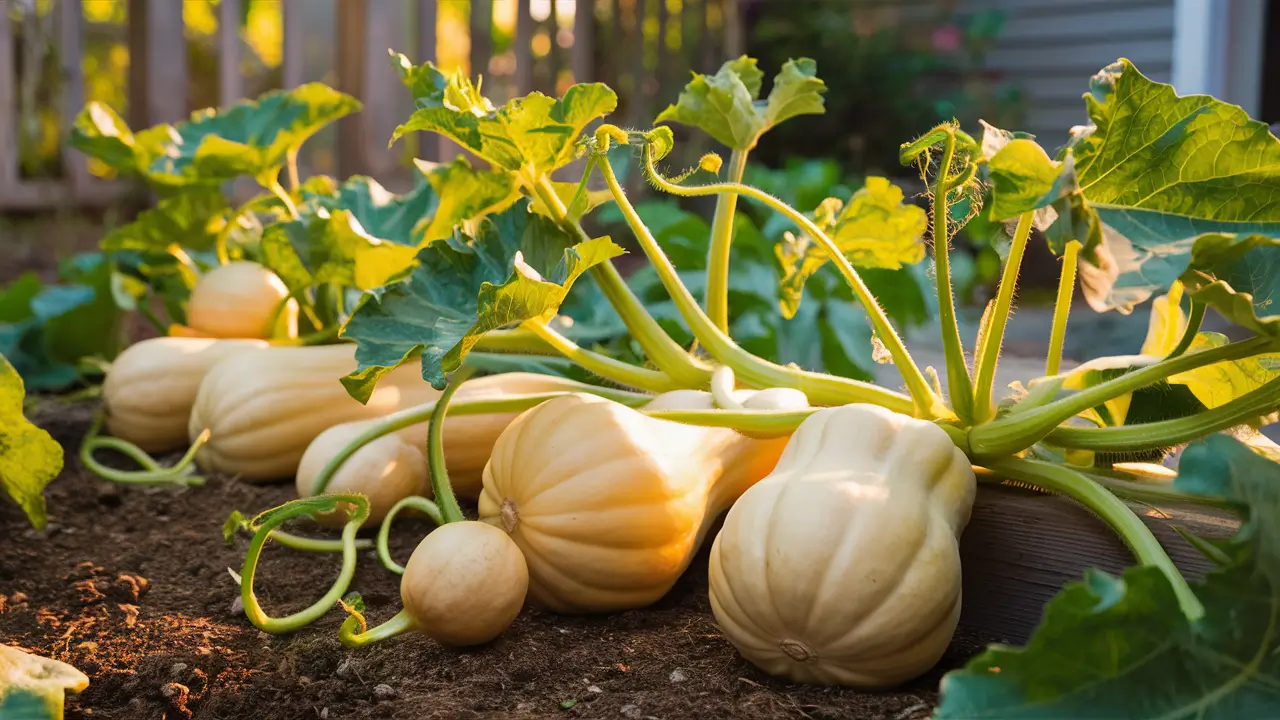 Butternut squash plants growing in a backyard garden