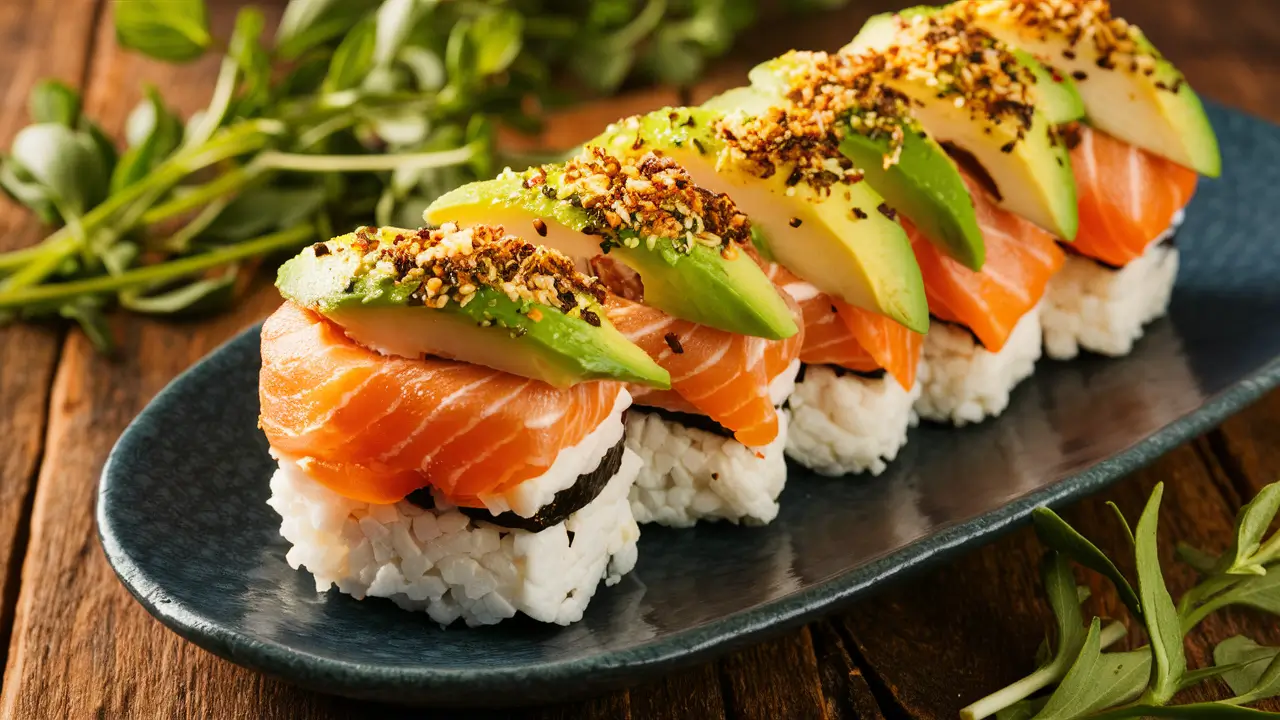 Vegan salmon sushi bake with tofu and avocado