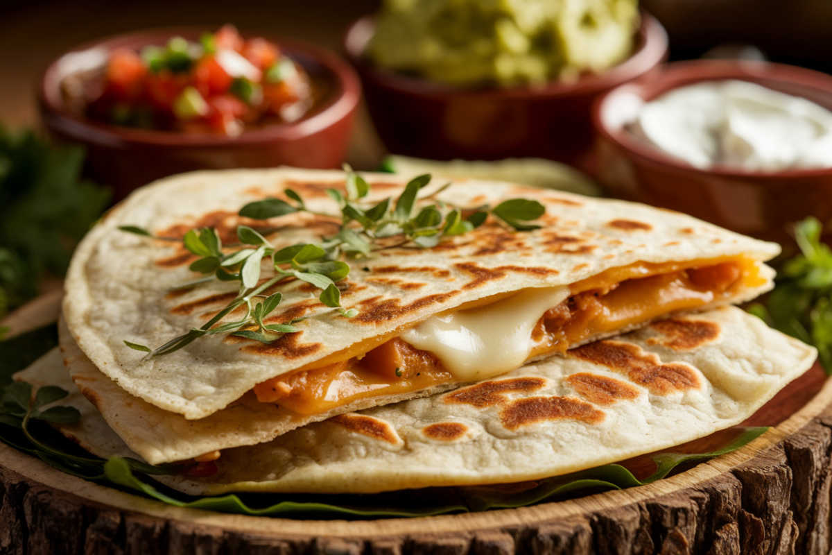 Golden-brown Papa Corazon Quesadilla with fresh herbs and dips