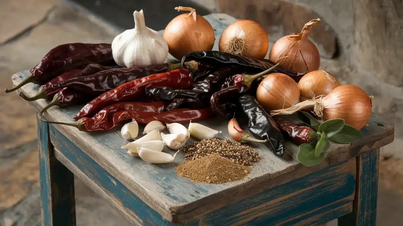 Ingredients for Birria: Dried Chiles, Garlic, and Spices