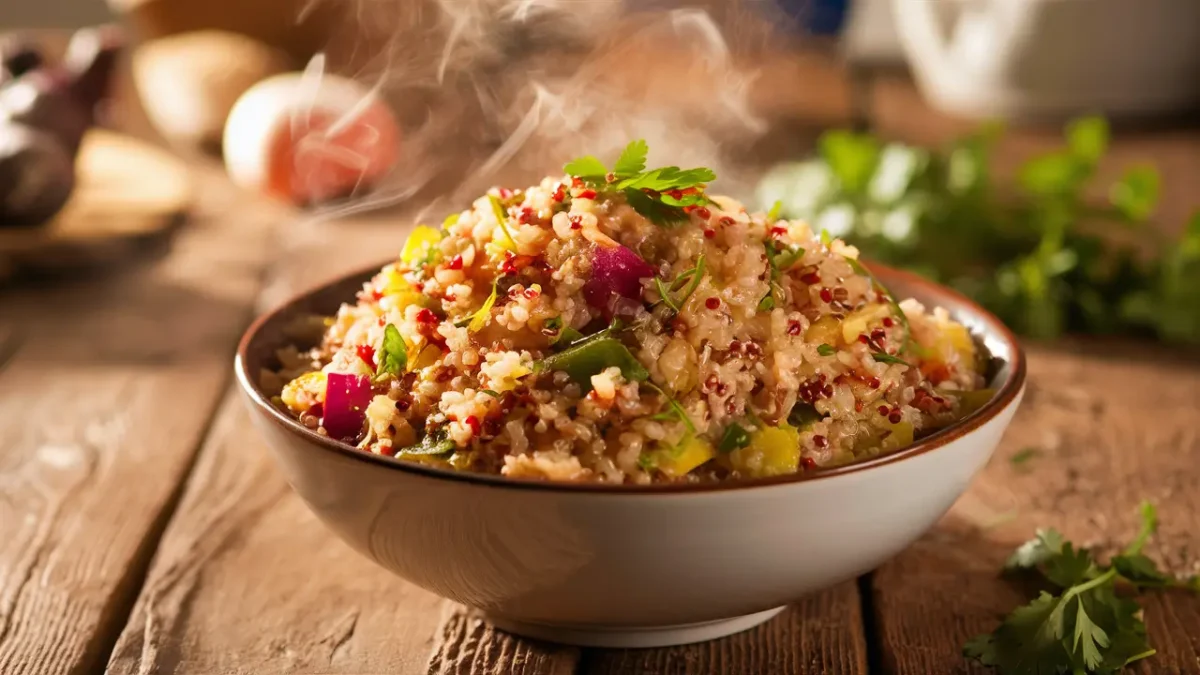 Bowl of quinoa rice with vegetables and herbs