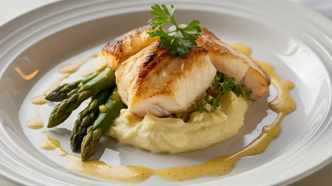 Halibut cheeks served with roasted asparagus and mashed potatoes