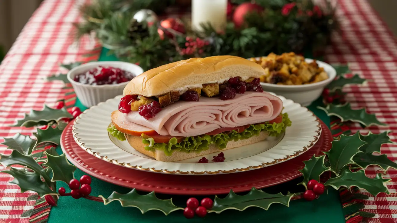 Holiday ham and turkey sandwich with cranberry sauce and stuffing