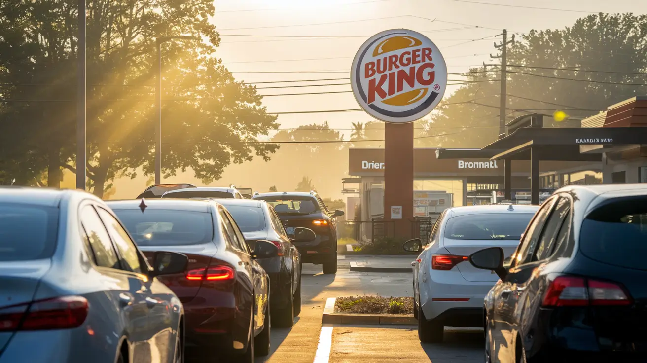  Morning drive-thru at Burger King with cars lined up and sunlight