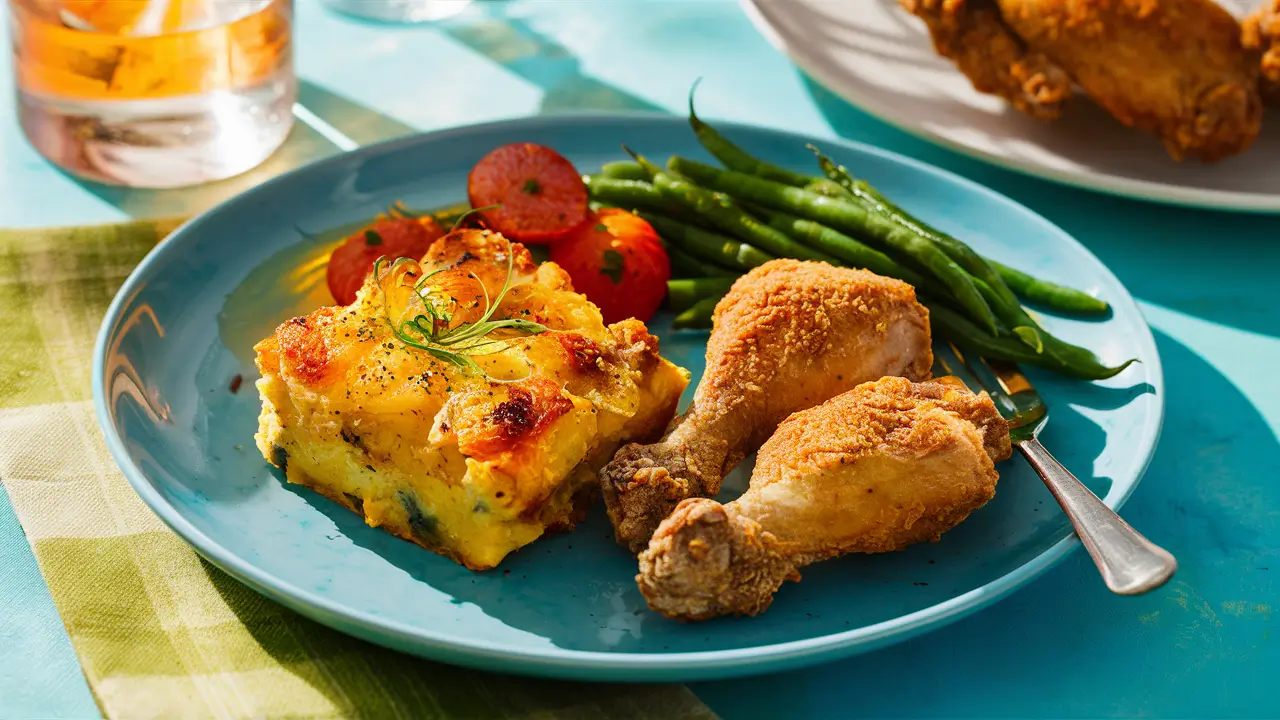 Squash casserole served with fried chicken and green beans.