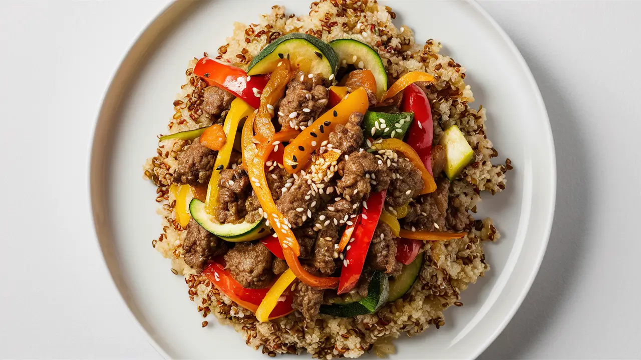 Lean ground beef stir-fry with vegetables and quinoa