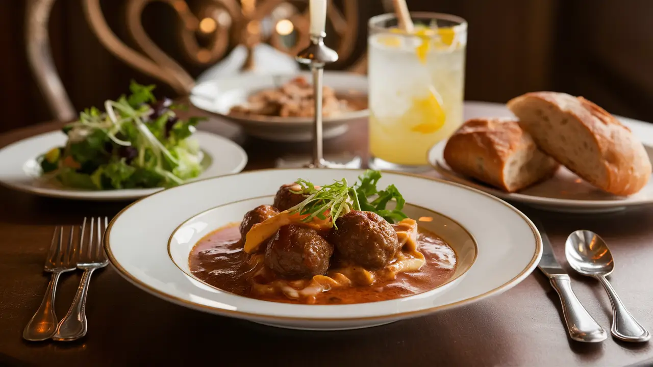 A dinner plate of meatball stroganoff with bread and salad.