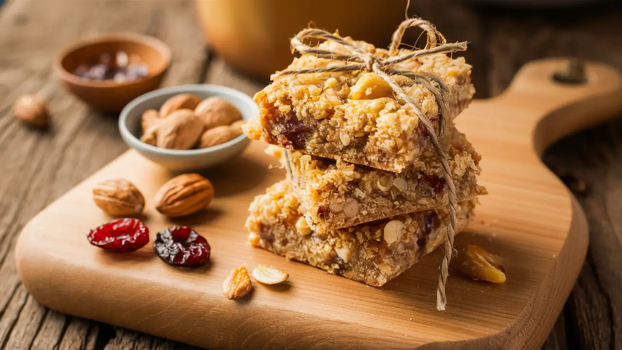 Homemade puffed quinoa bars with nuts and dried fruits