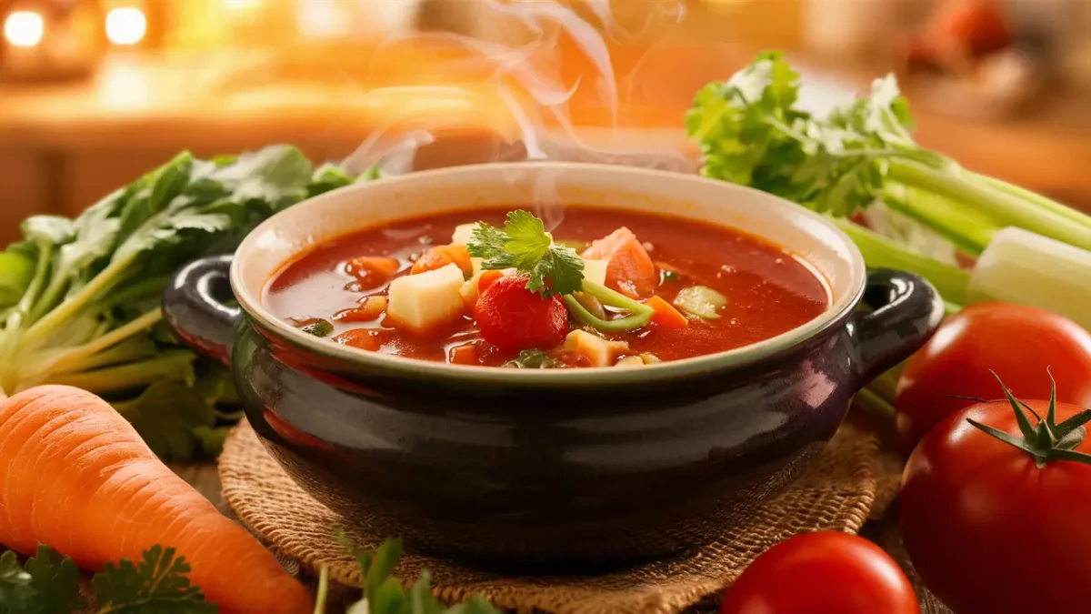 A warm bowl of canned vegetable soup with fresh ingredients.