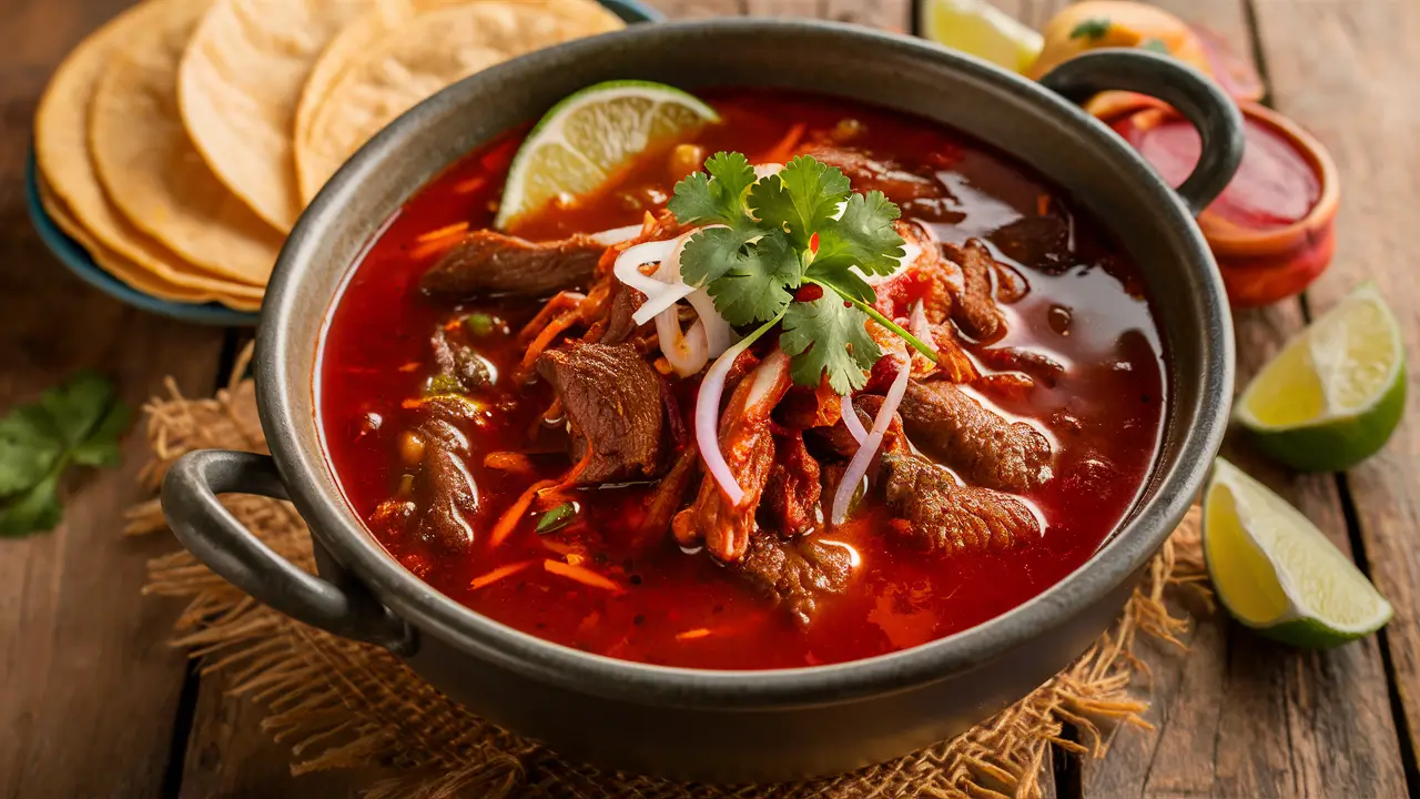 Authentic Mexican birria stew with rich red broth and fresh garnishes