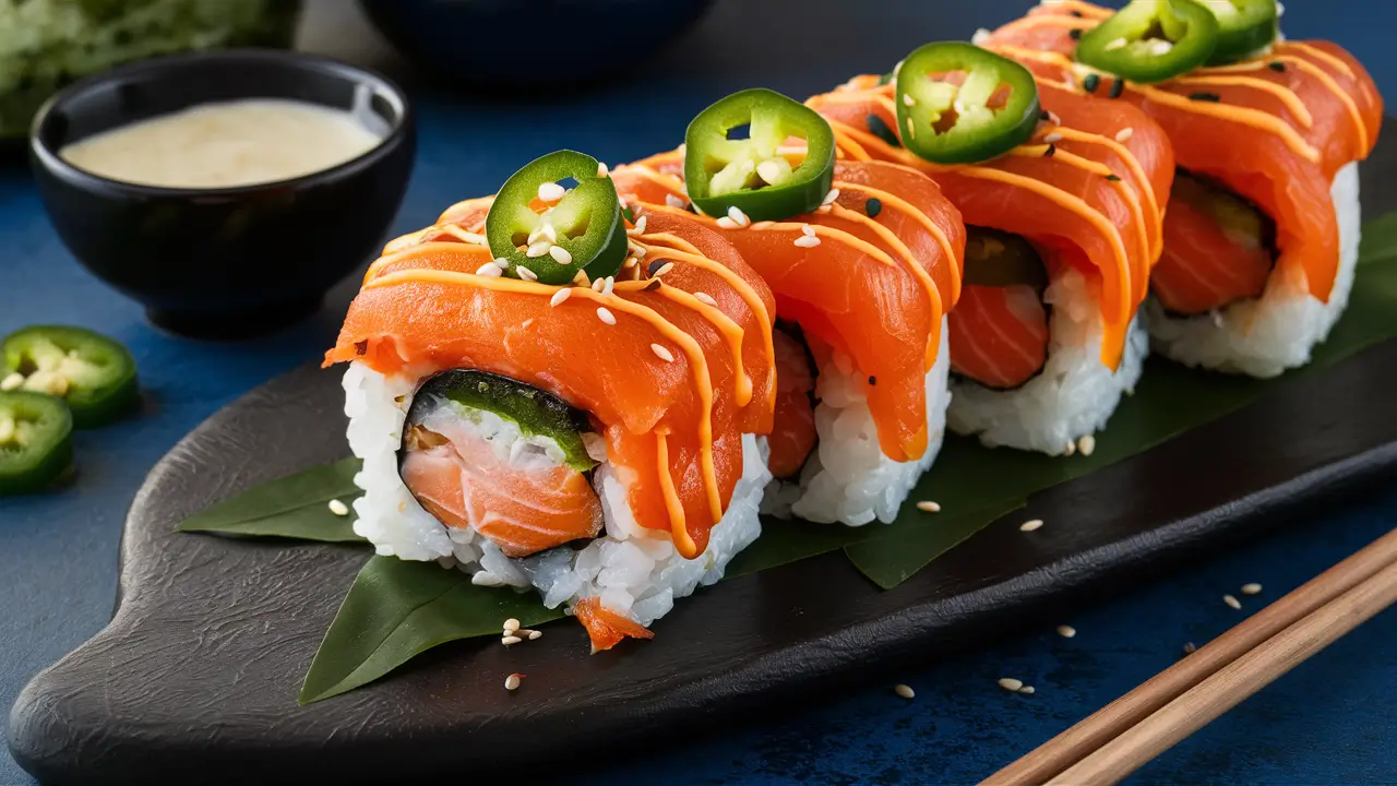 Spicy salmon sushi bake with jalapeños