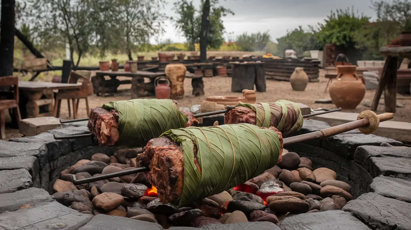 Traditional barbacoa cooking in a pit with agave leaves