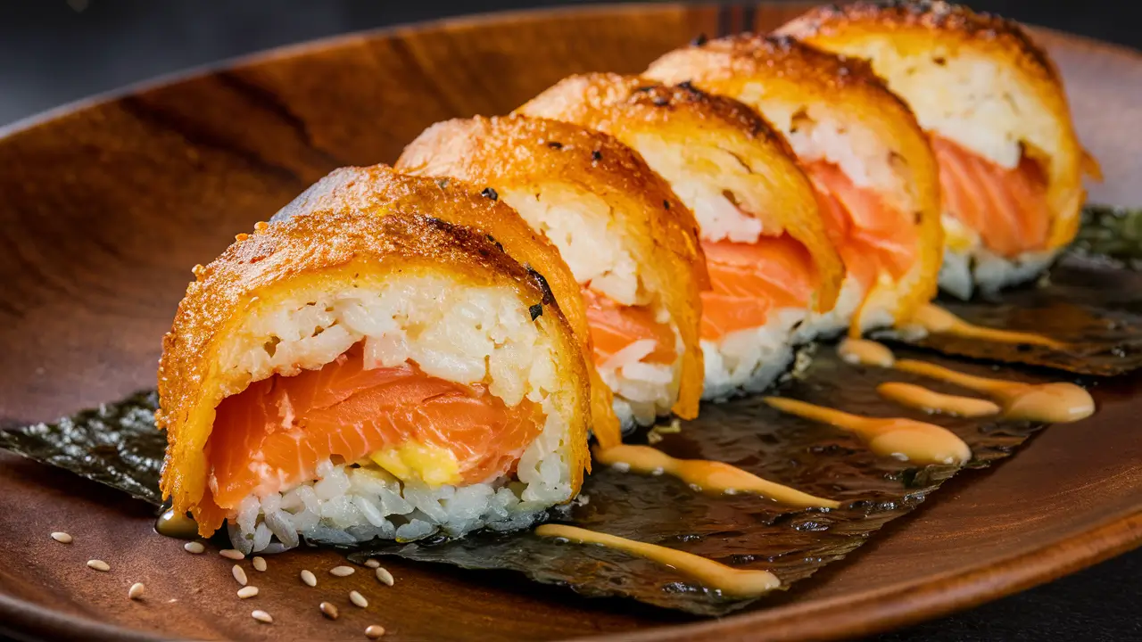 Slice of salmon sushi bake with crispy edges