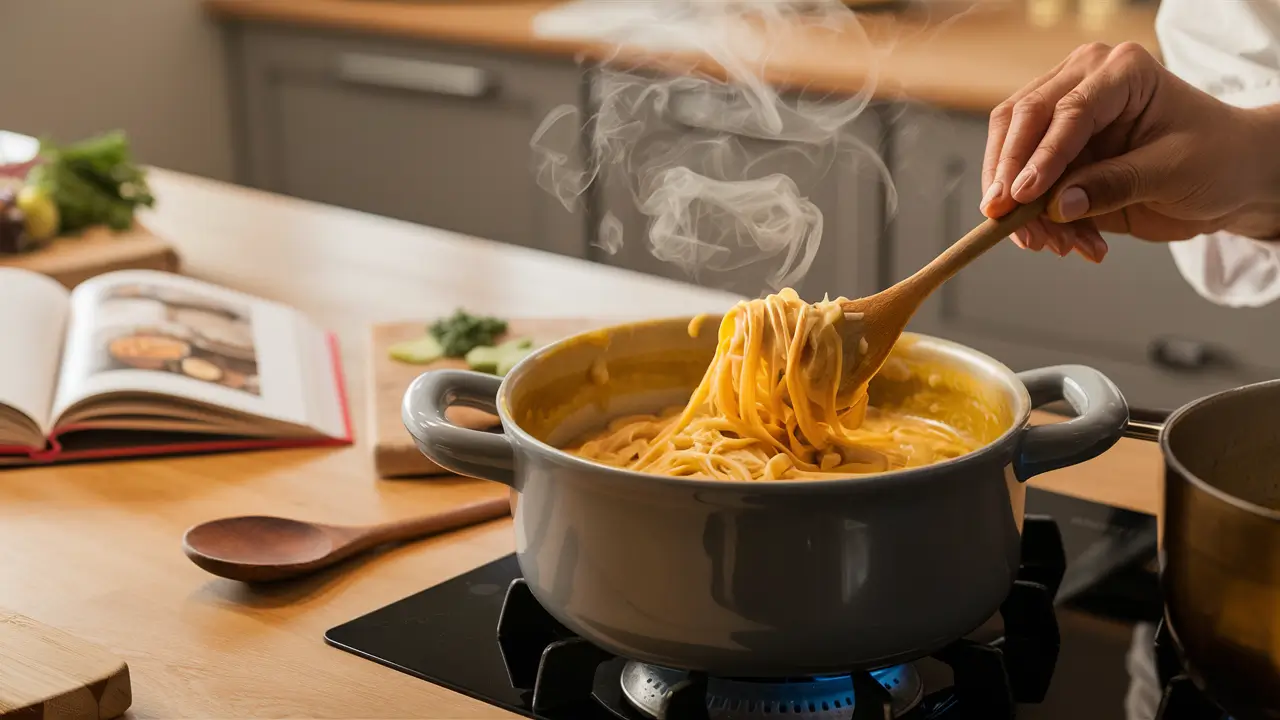 Cooking pasta in a creamy tuna helper sauce