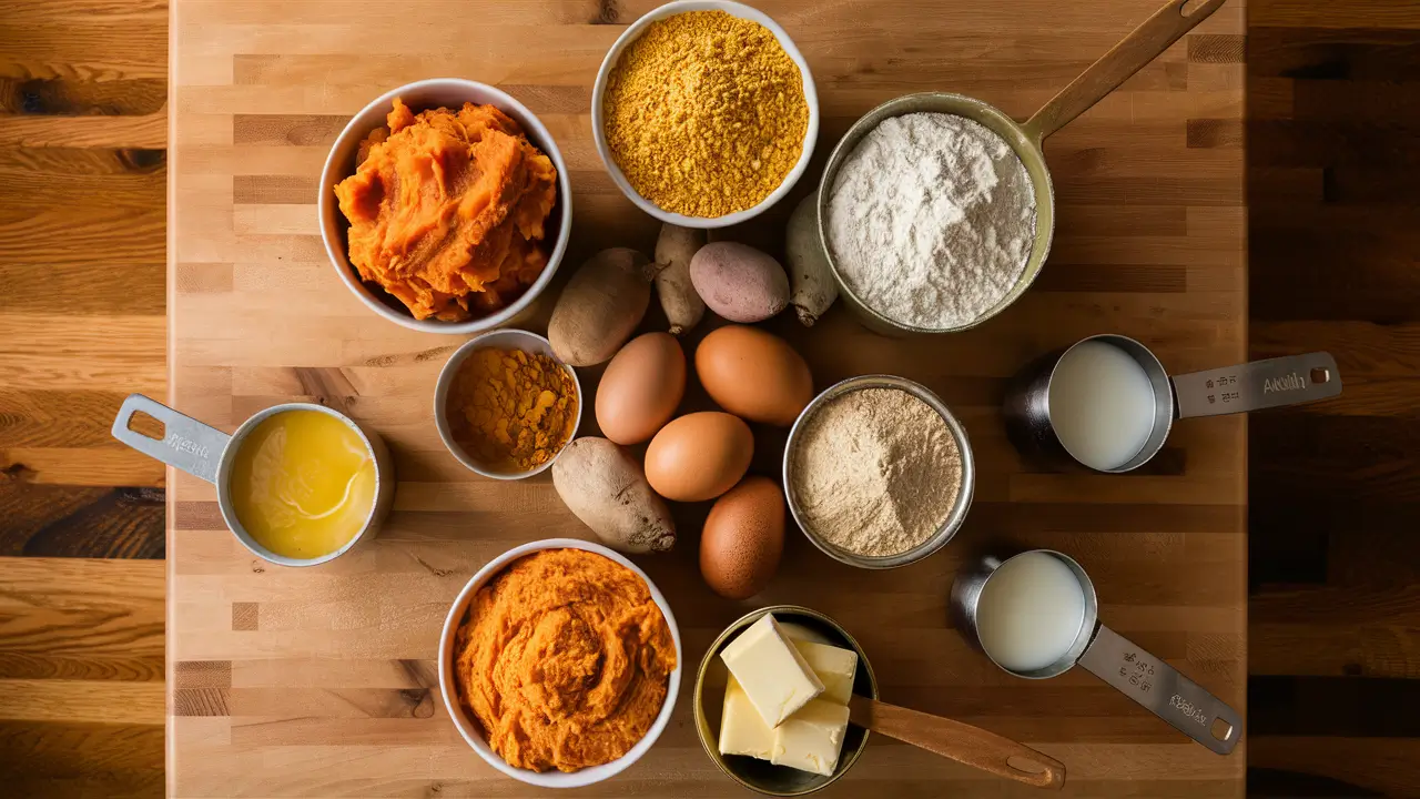 Sweet potato cornbread ingredients neatly arranged on a wooden countertop