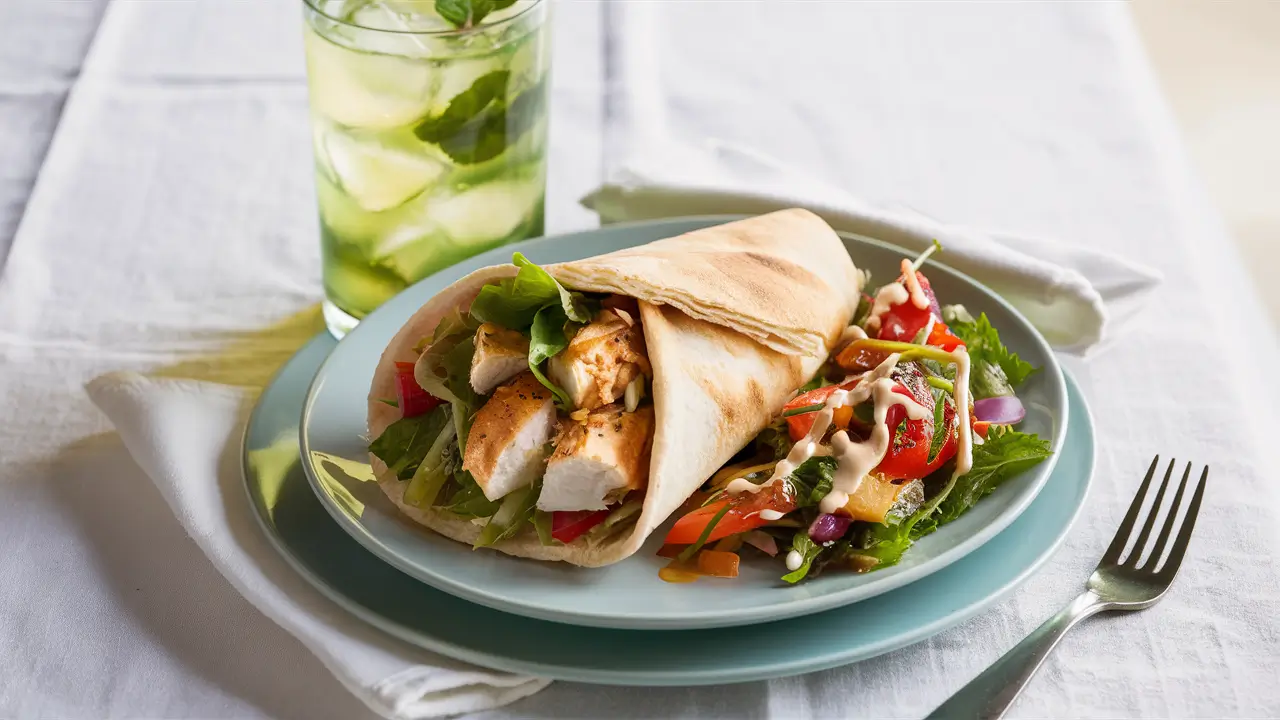 Chicken pita served with Greek salad and mint lemonade