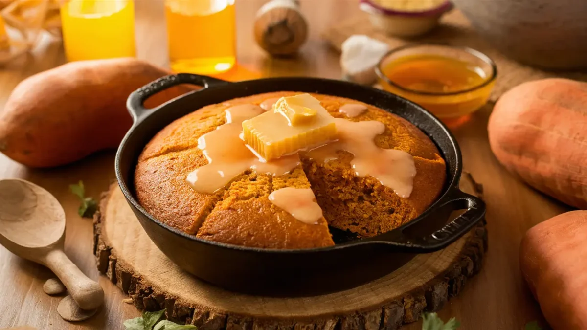 Sweet potato cornbread in a cast-iron skillet topped with honey butter glaze