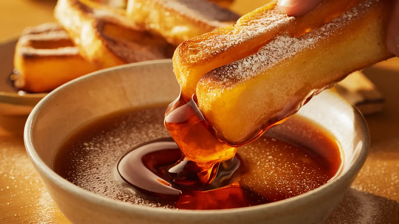 Close-up of a French Toast Stick dipped in syrup