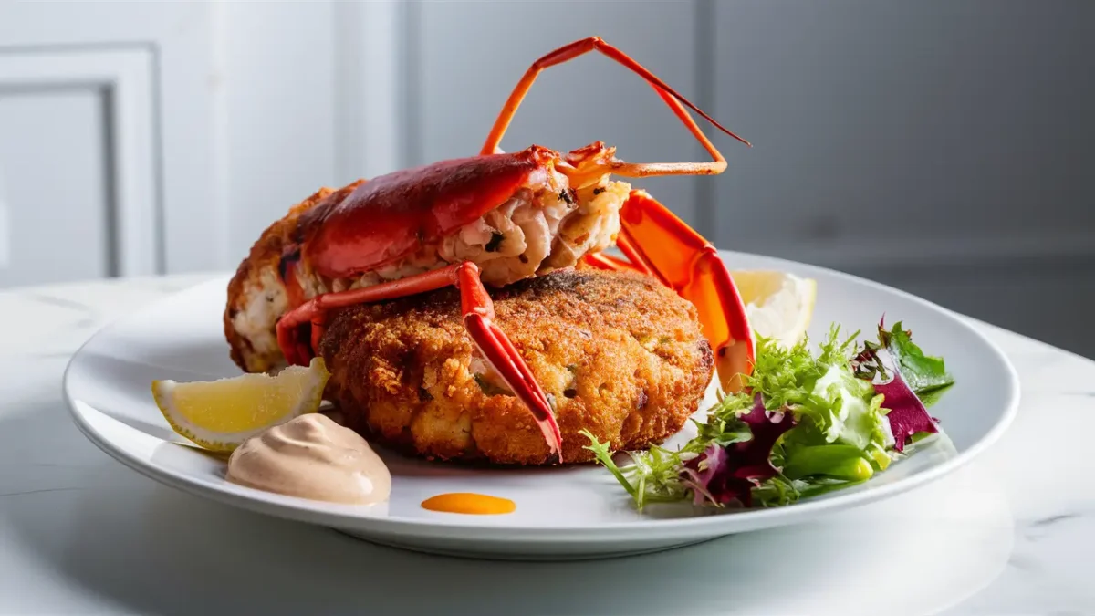 Golden Red Lobster-style crab cake with lemon wedges and tartar sauce