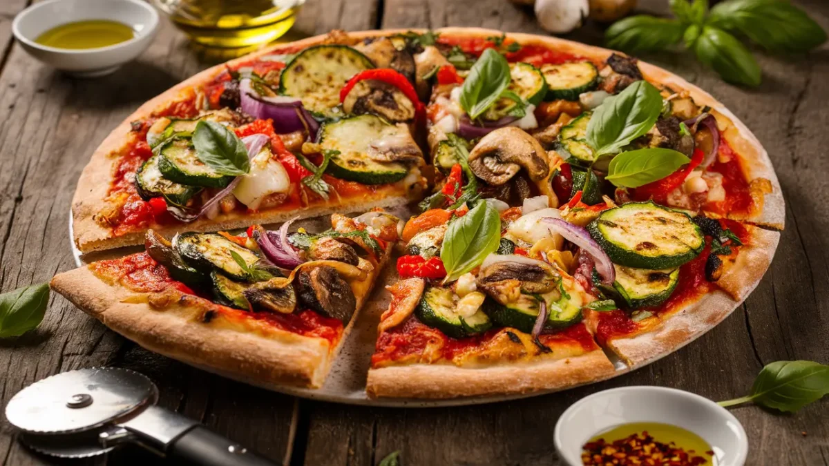 Top-down view of roasted vegetable pizza with fresh basil