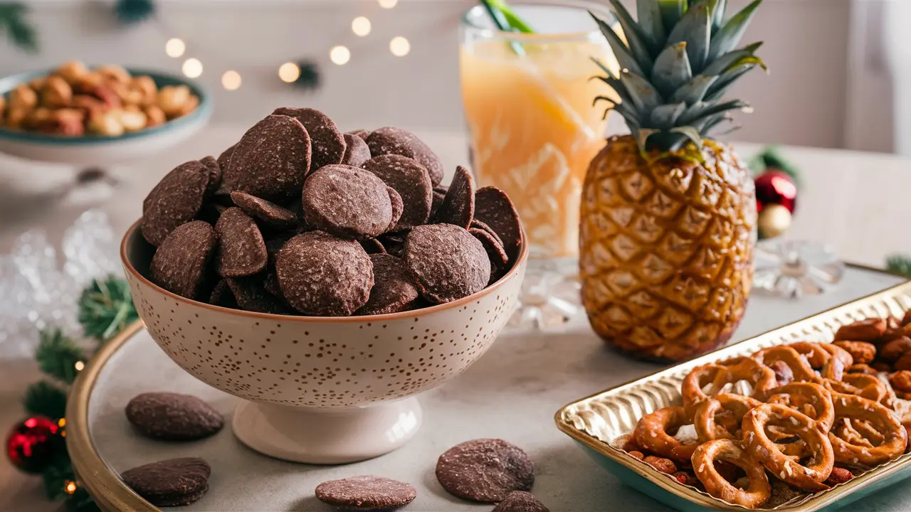 Chocolate covered chips served with ananas juice and mixed snacks