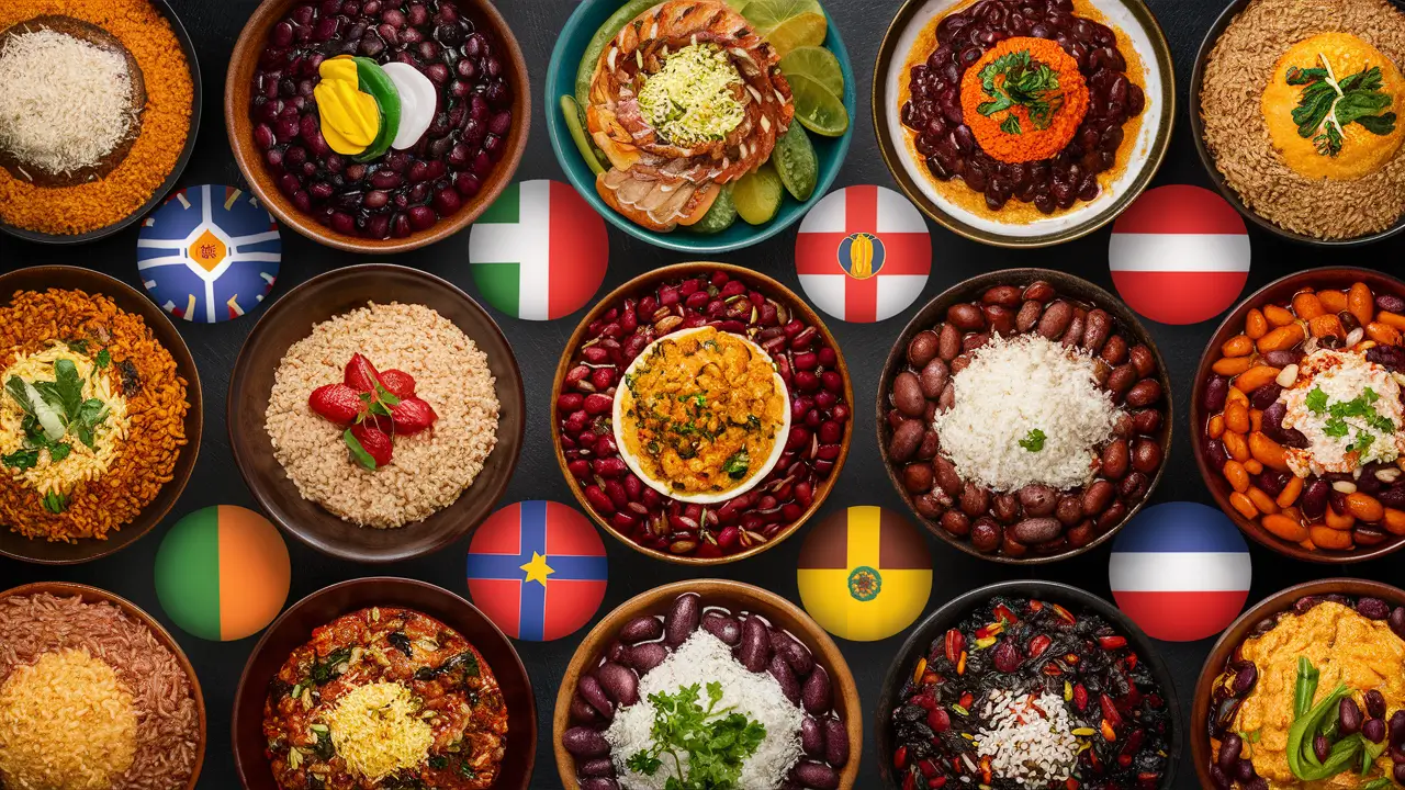  International rice and beans dishes from different cultures.