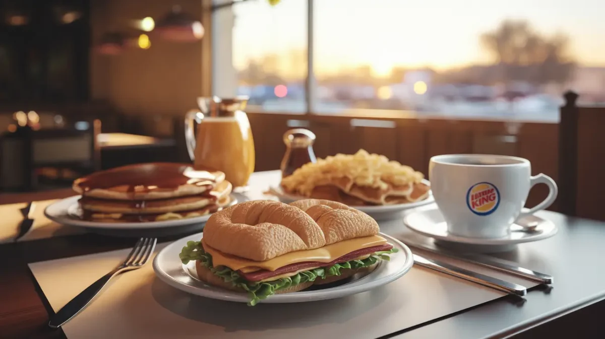 A Burger King breakfast table featuring Croissan’wich, pancakes, hash browns, and coffee