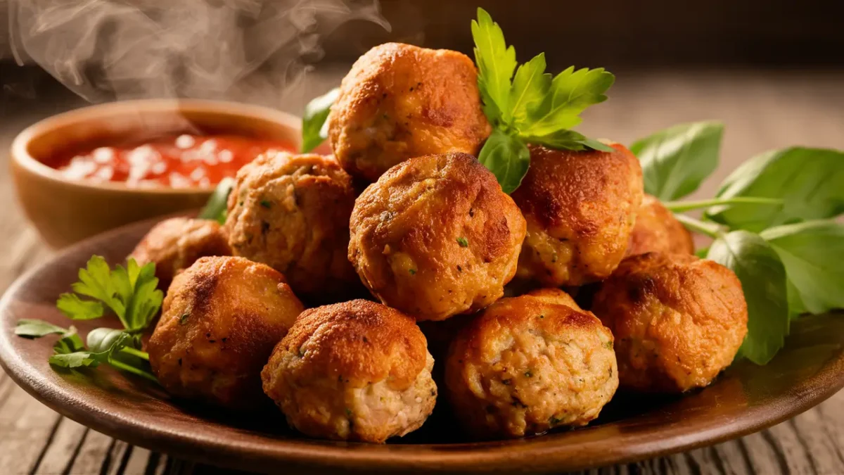 Delicious homemade chicken meatballs served with marinara sauce.