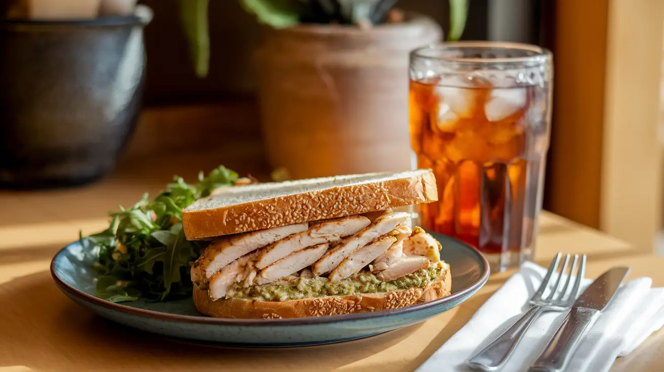  Chicken pesto sandwich served with a side salad and iced tea