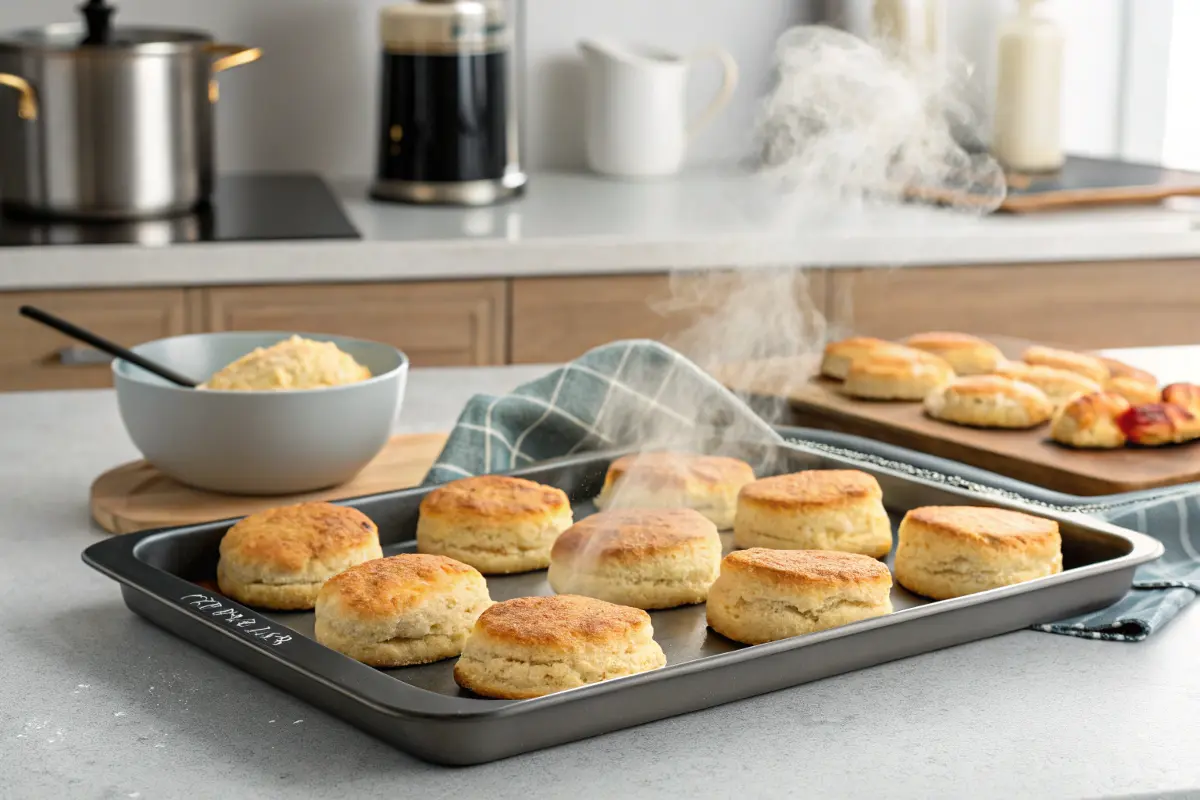 Freshly baked biscuits on a tray, steaming hot from the oven