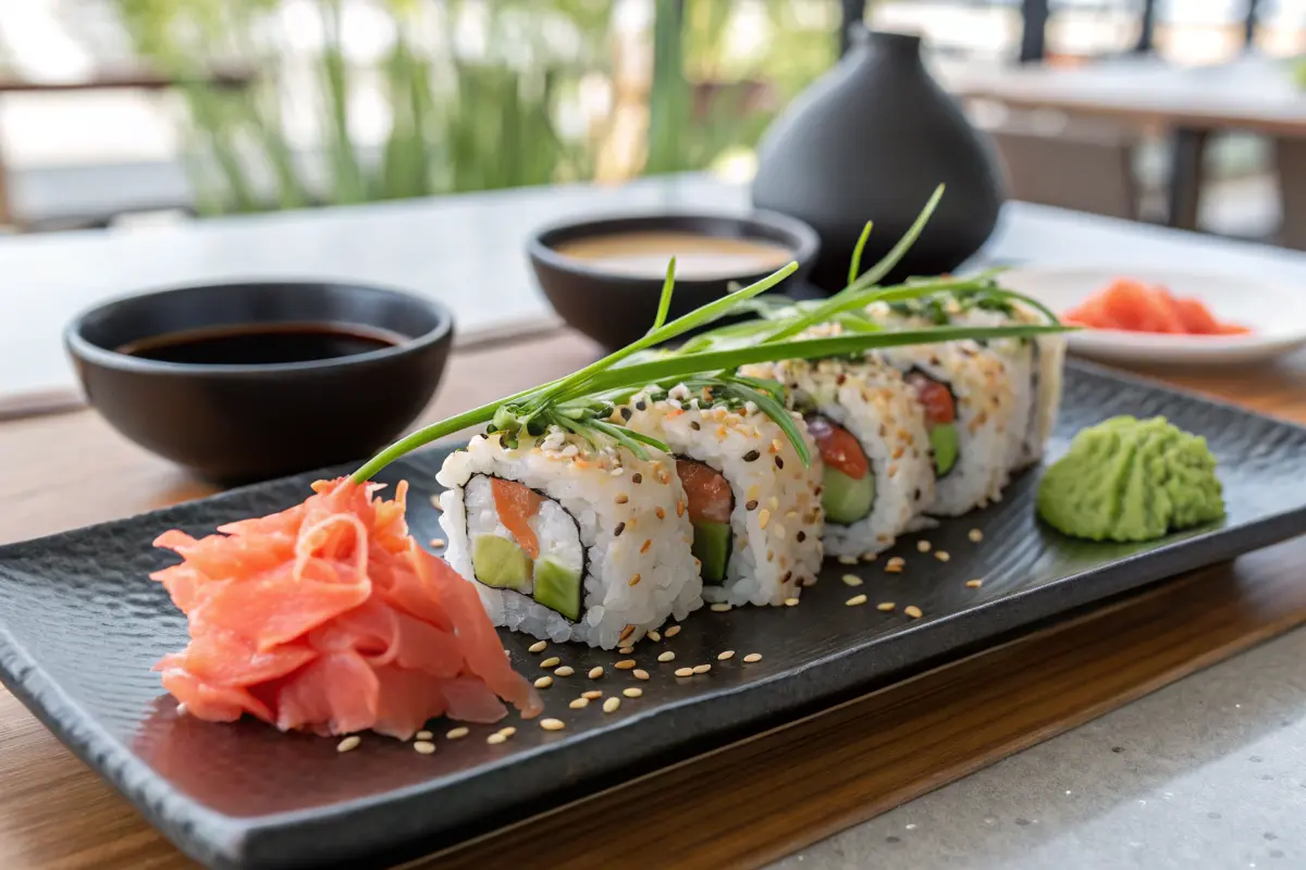 Salmon Avocado Roll on a Black Plate