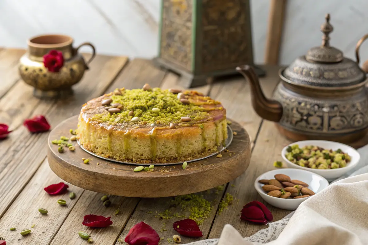 Baklava cake with pistachios and syrup on a rustic table