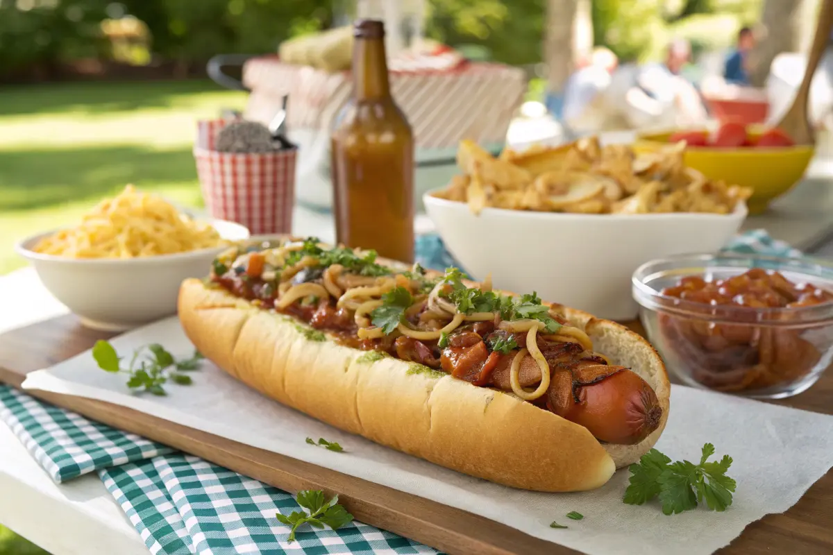 Giant 7-pound hot dog sliced with gourmet toppings on a table