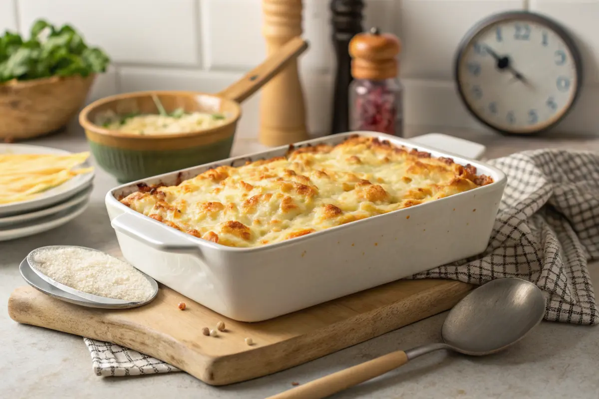 Bubbling cheesy casserole on a counter