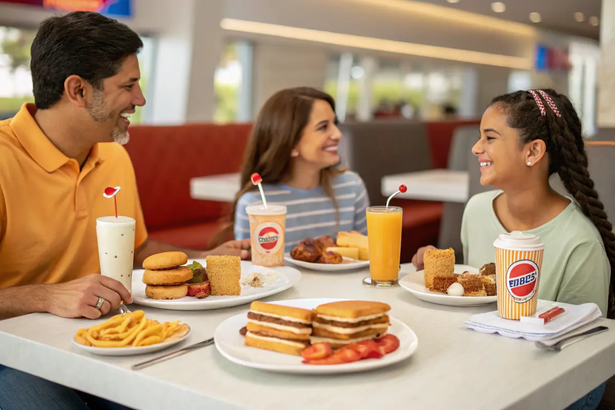 Family enjoying Burger King breakfast platters and beverages