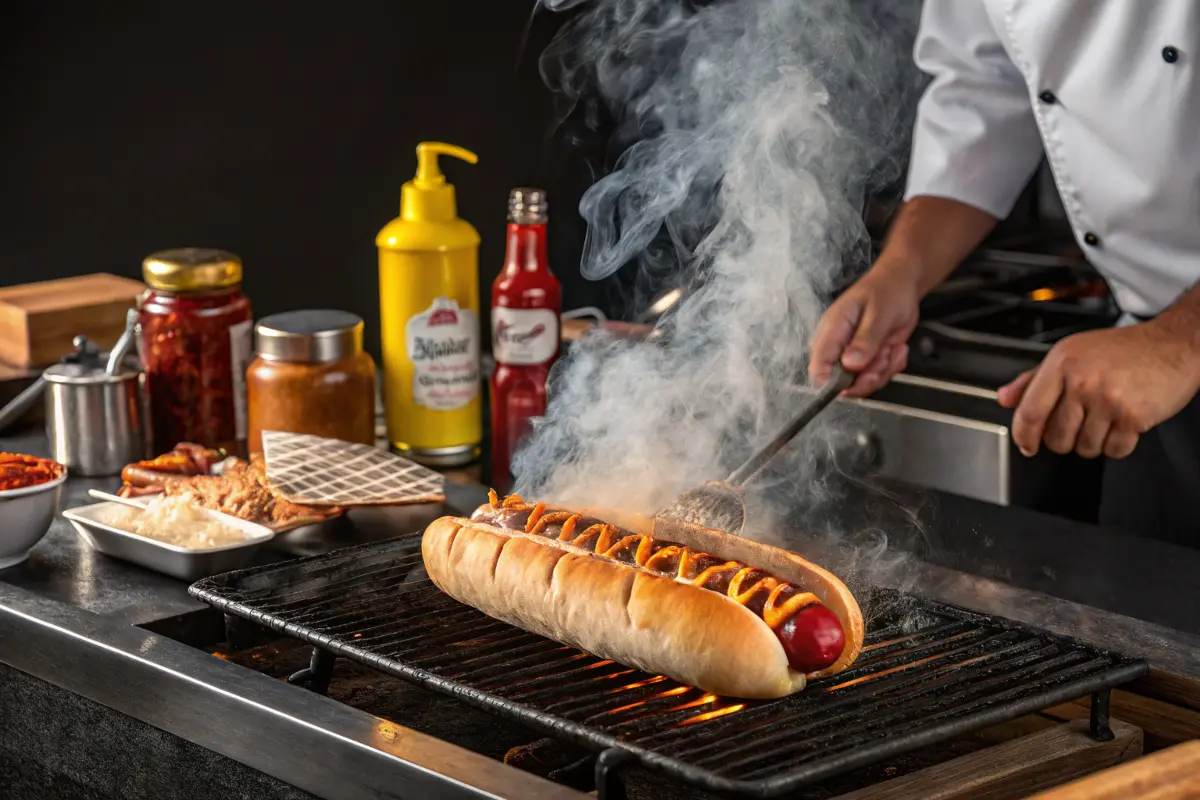 Chef grilling a big hot dog on a barbecue with gourmet condiments