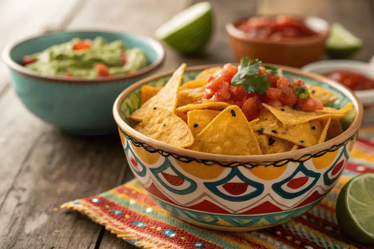 Close-up of Spicy Nacho Doritos in a bowl with guacamole and salsa