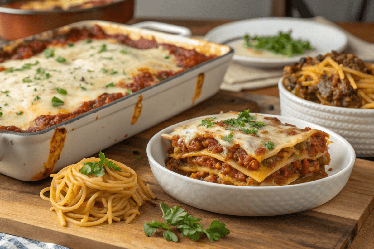 Lasagna and baked spaghetti garnished with fresh herbs