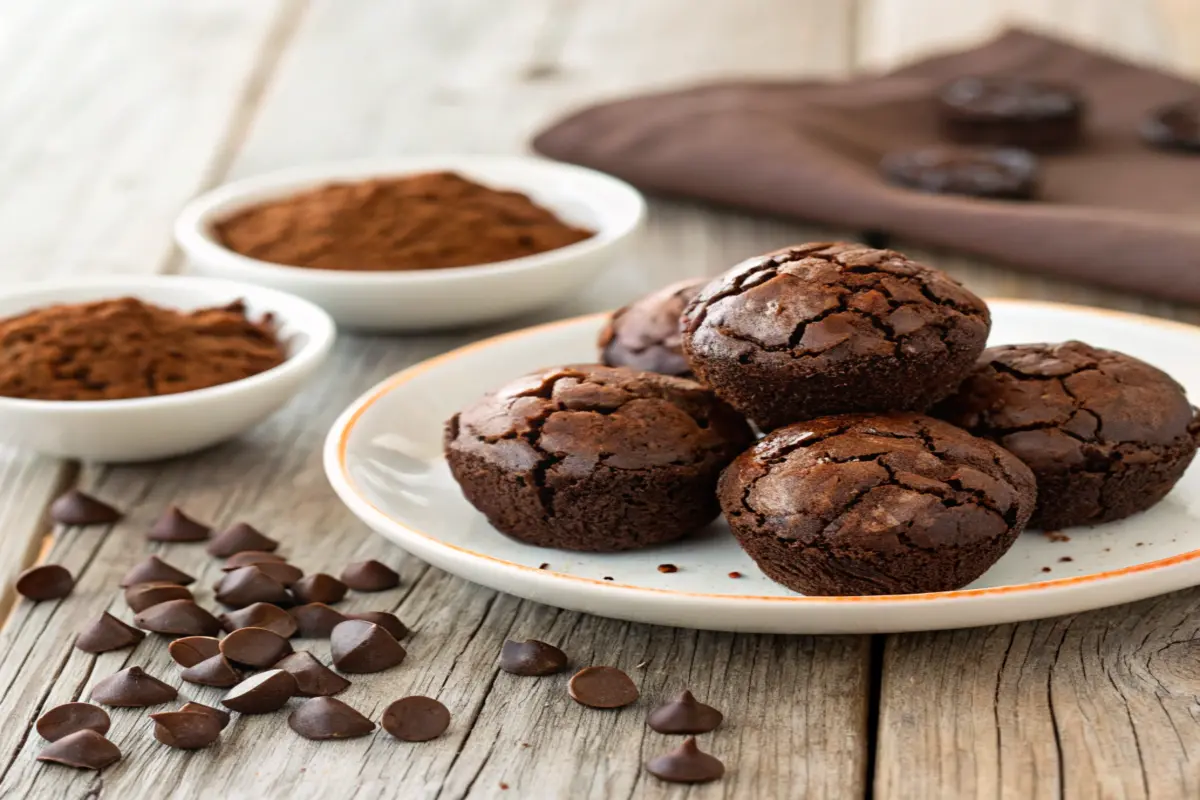 Close-up of fudgy brownie bites with a crackly top on a wooden table