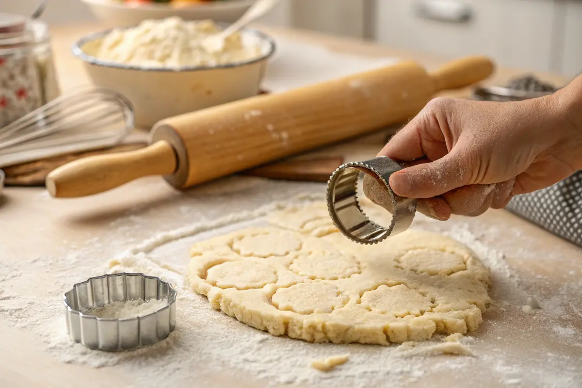 Biscuit dough being rolled out with a cutter on a floured surface