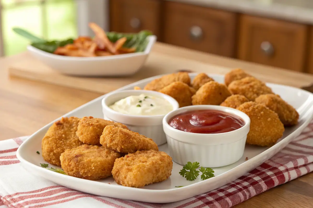 Crispy golden chicken nuggets on a plate with sauces