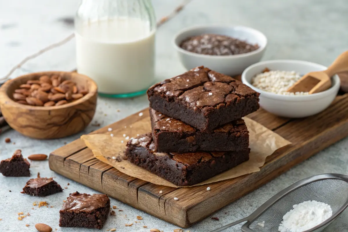 Gooey vegan brownies stacked on a wooden board with plant-based ingredients