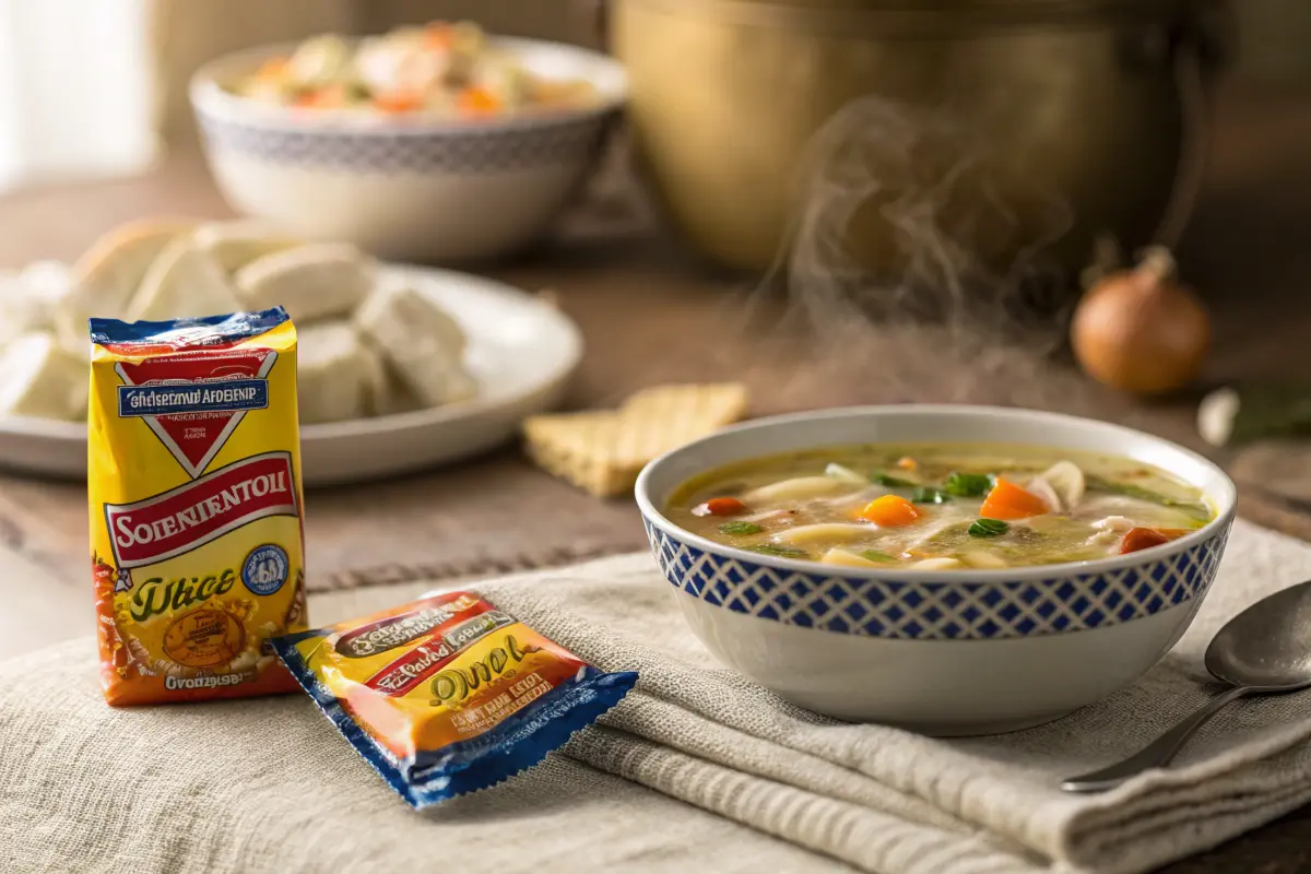 Progresso Soup Drops candy with a steaming bowl of chicken noodle soup