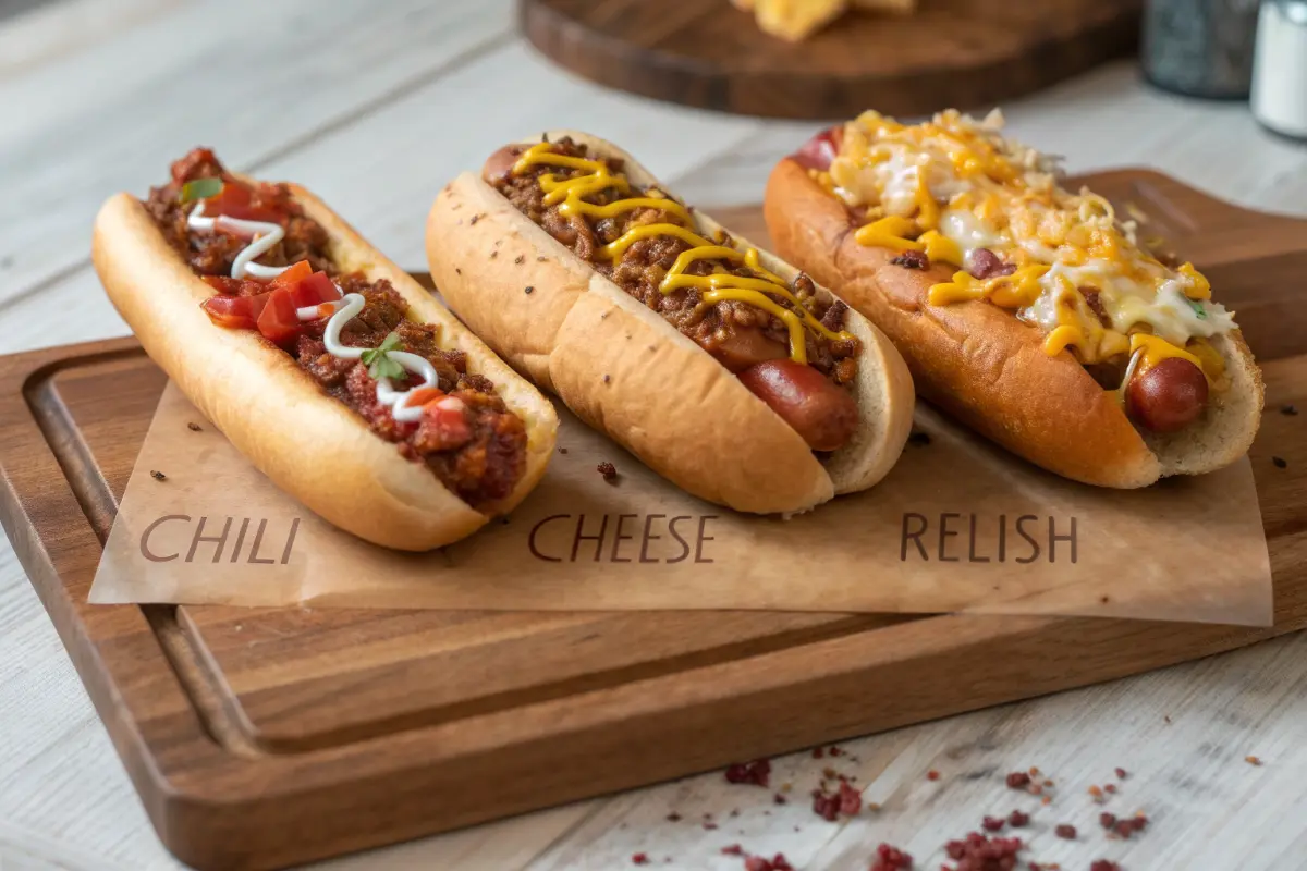 Three jumbo hot dogs with unique toppings on a wooden board