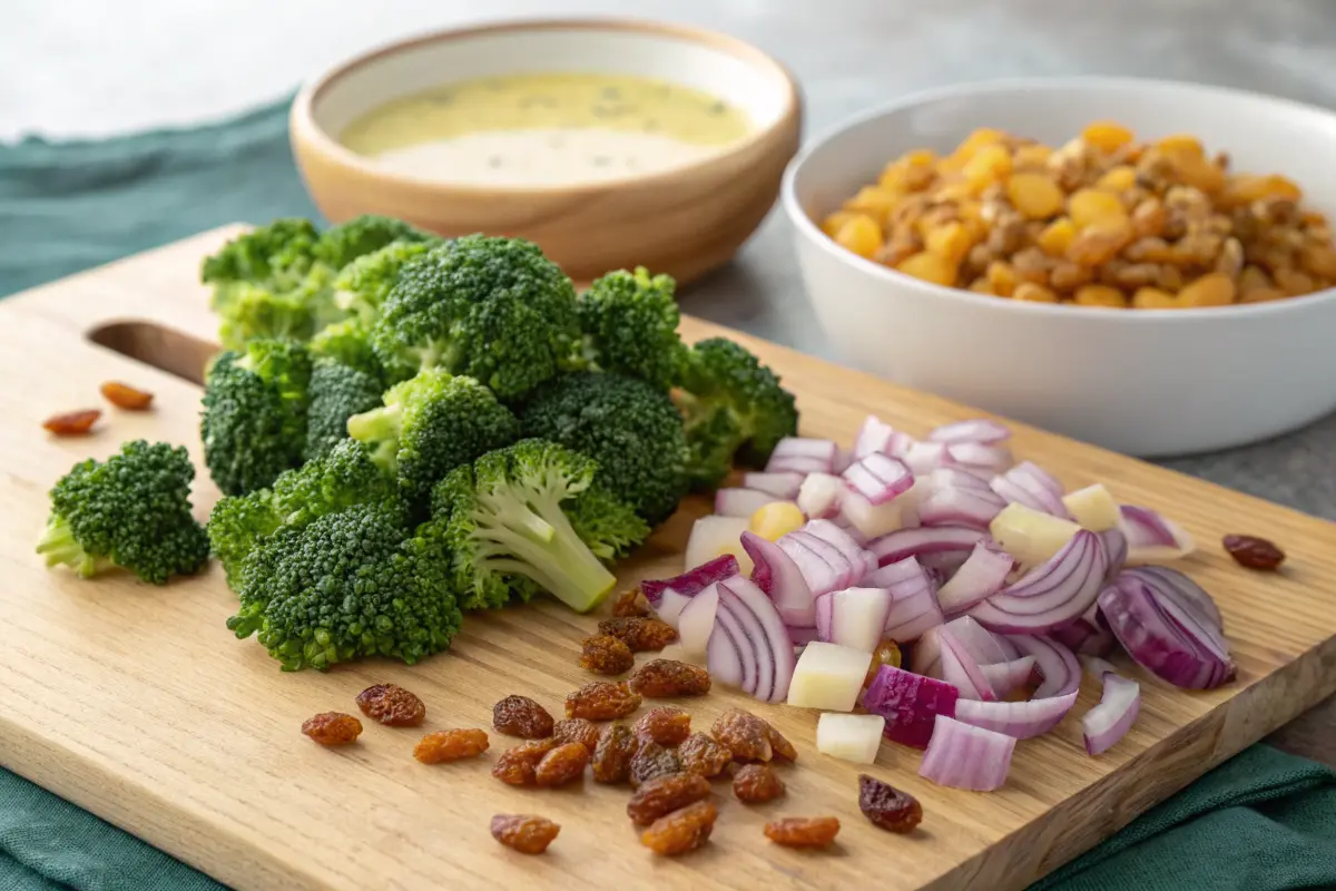 Chopped broccoli, raisins, and red onion for broccoli raisin salad