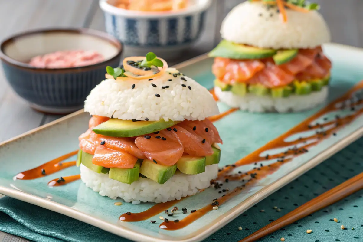 Sushi burger with salmon poke and rice buns