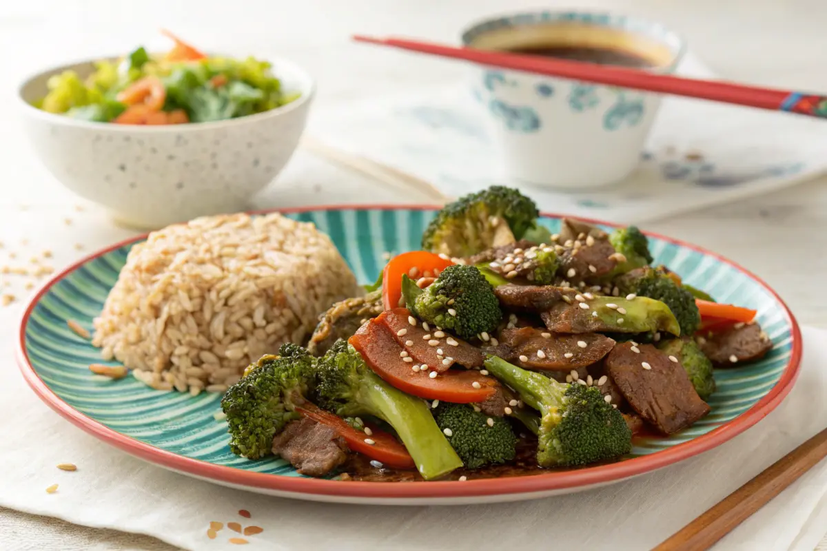 Beef and broccoli stir-fry with brown rice on a plate