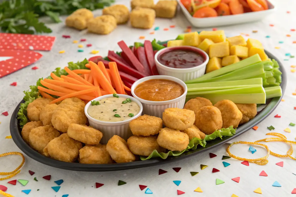  Party platter of chicken nuggets with sauces and vegetables